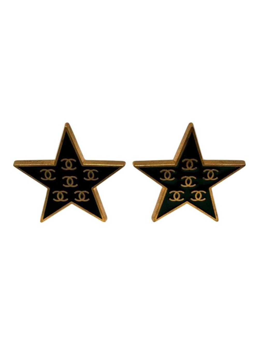 Chanel CC Logo Star Black Gold Vintage Earrings Metal